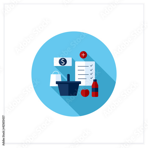 Shopping list flat icon. Make shopping list. Planning buying. Only needed products. Thoughtful spending money. Mindful spending concept.Vector illustration