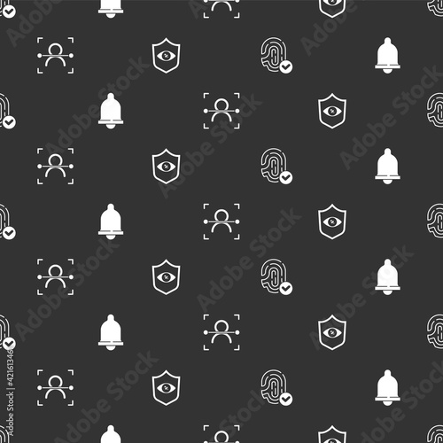 Set Fingerprint, Motion sensor, Face recognition and Shield eye scan on seamless pattern. Vector