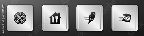 Set Pizza, Online ordering and delivery, ice cream and burger icon. Silver square button. Vector