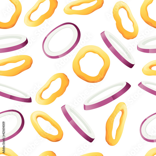 Seamless pattern fried and raw onion rings tasty snacks for beer fast food vector illustration on white background