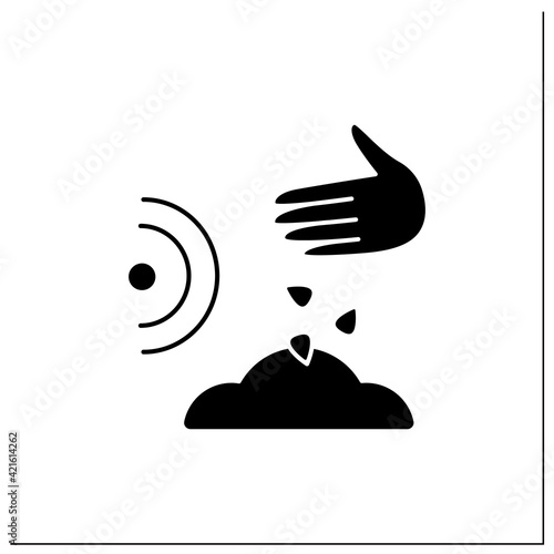 Planting seeds glyph icon. Process of planting different sorts of grain. Hand throwing seeds into soil. Ecological farming concept. Filled flat sign. Isolated silhouette vector illustration