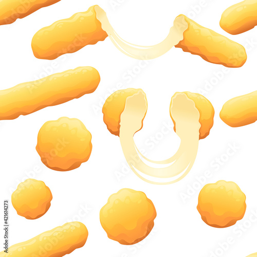 Seamless pattern of deep-fried breaded mozzarella cheese sticks fast food snack vector illustration on white background