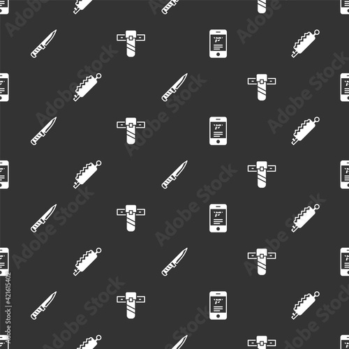Set Shop weapon in mobile app, Trap hunting, Military knife and Knife holster on seamless pattern. Vector