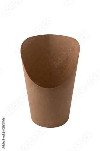 Round brown Kraft paper bag for french fries isolated on a white background