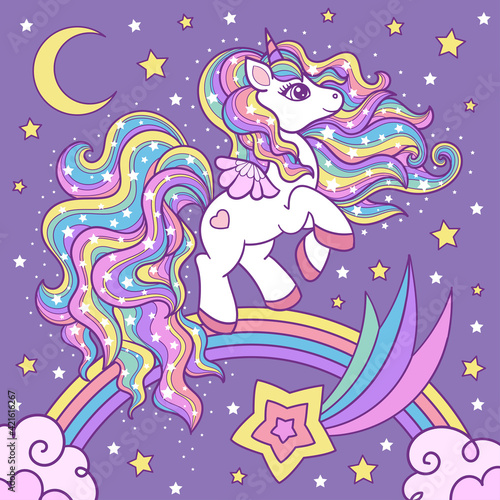 Fototapeta Naklejka Na Ścianę i Meble -  Cute, cartoon white unicorn on a rainbow among the stars. Fantasy animal. Vector