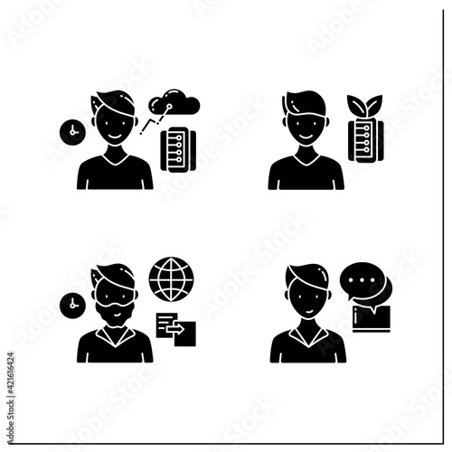 Information overload glyph icons set. Consists of instant messaging, data duplication, information ecology, info age.Filled flat signs. Isolated silhouette vector illustrations 