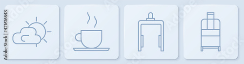 Set line Sun and cloud weather, Metal detector in airport, Coffee cup and Suitcase. White square button. Vector