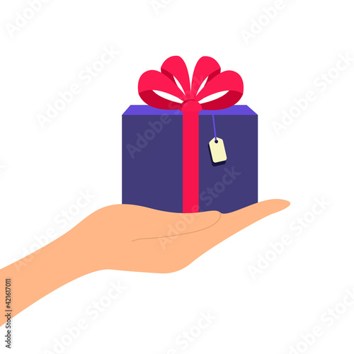 Vector congratulation flat illustration with gift box in hands