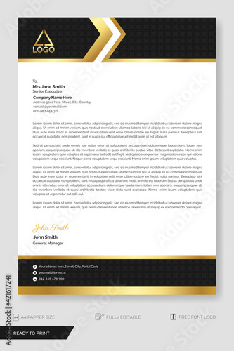 Letterhead template business. Business letterhead template, modern with black and gold shapes with ornament. Ready to Print.