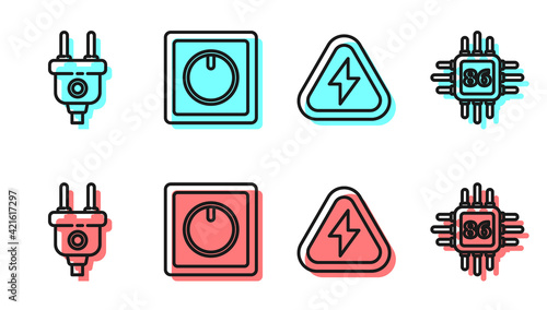 Set line High voltage, Electric plug, Electric light switch and Processor with microcircuits CPU icon. Vector