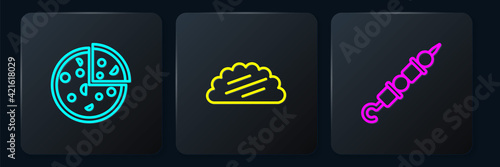 Set line Pizza, Grilled shish kebab and Taco with tortilla. Black square button. Vector