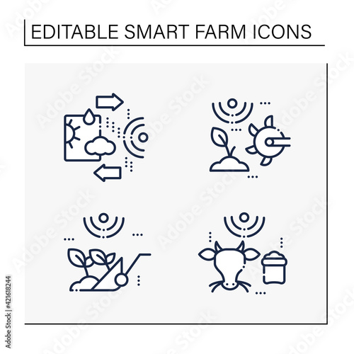 Smart farm line icons set. Consist of weather tracking, soil tilling, feeding livestock, harvesting.Agricultural innovation concepts.Isolated vector illustrations. Editable stroke