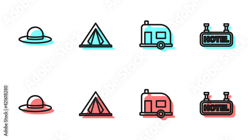 Set line Rv Camping trailer, Elegant women hat, Tourist tent and Signboard with text Hotel icon. Vector