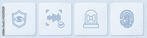 Set line Shield eye scan, Motion sensor, Voice recognition and Fingerprint. White square button. Vector