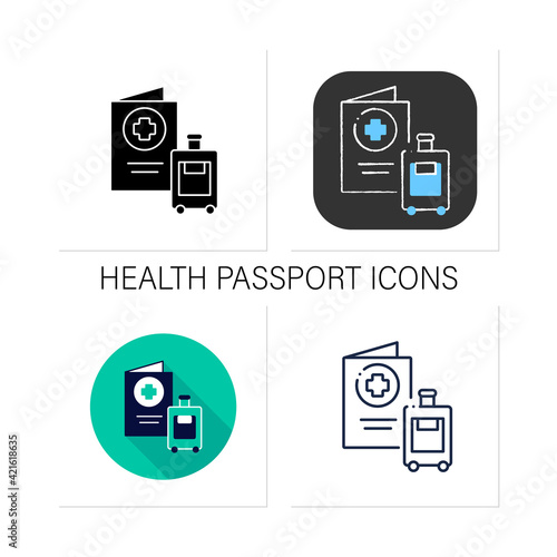 Health passport icons set. Necessary document about health status for travel. Vaccinated card.Collection of icon in liner, glyph, chalk, flat styles.Isolated vector illustrations