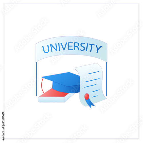 University graduation flat icon. Successful training completion. Books and graduate hat. Diploma.Masters degree. Graduation concept.3d vector illustration