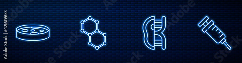 Set line Genetically modified meat, Petri dish with bacteria, Chemical formula and Syringe. Glowing neon icon on brick wall. Vector