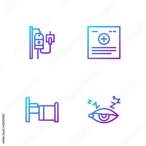 Set line Insomnia, Hospital bed, IV bag and Clinical record. Gradient color icons. Vector