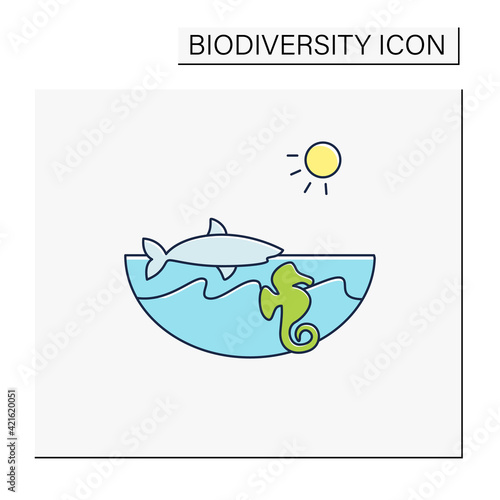 Marine color icon. Made up of the saltwater oceans. Living place for shark, seahorse etc. Underwater world. Seascape. Biodiversity concept. Isolated vector illustration