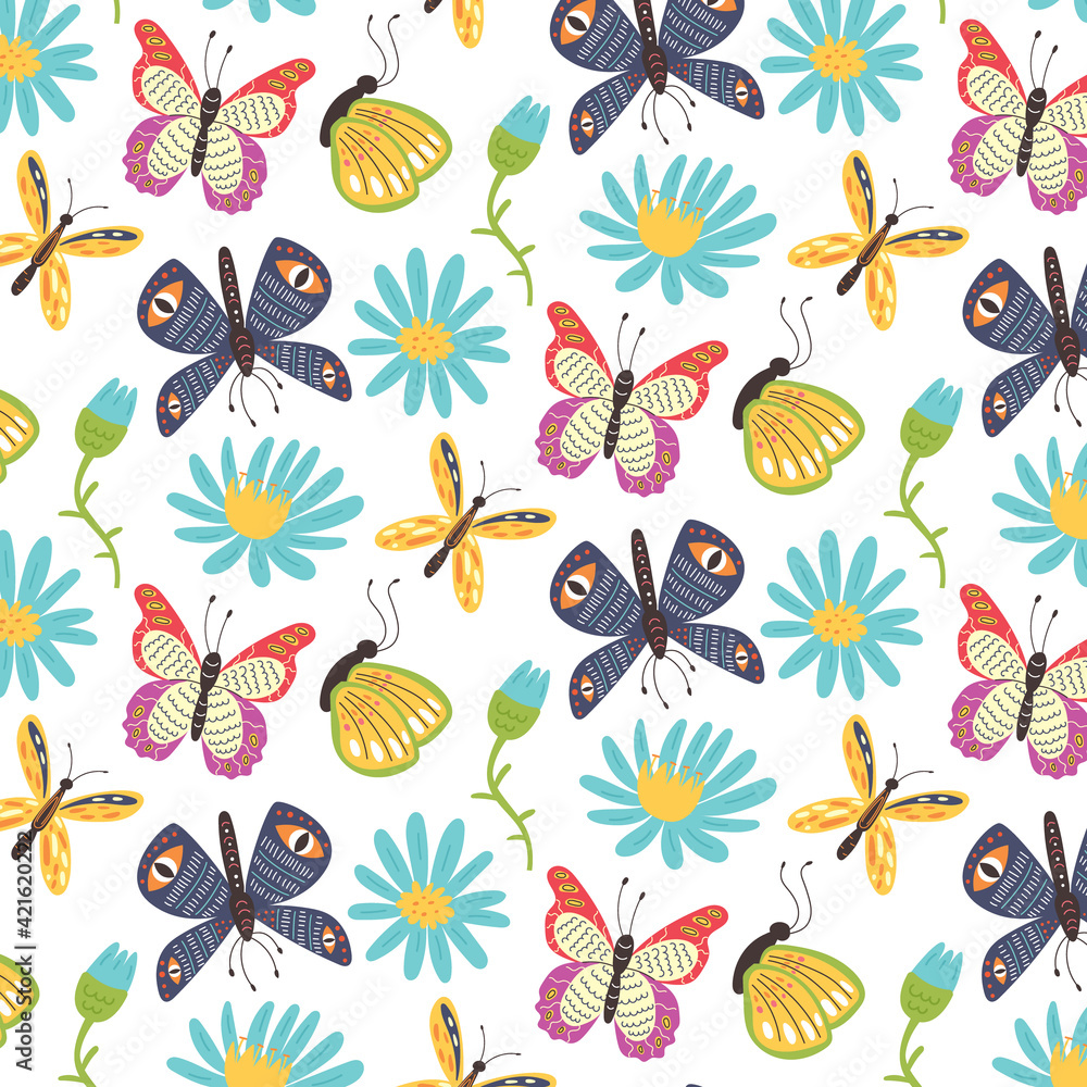 Seamless pattern of bright butterflies and flowers