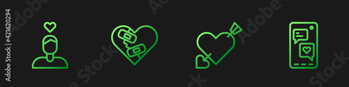 Set line Amour with heart and arrow, Couple in love, Healed broken and Mobile. Gradient color icons. Vector
