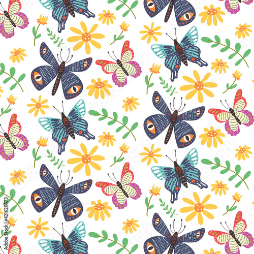 Seamless pattern of bright butterflies and wildflowers