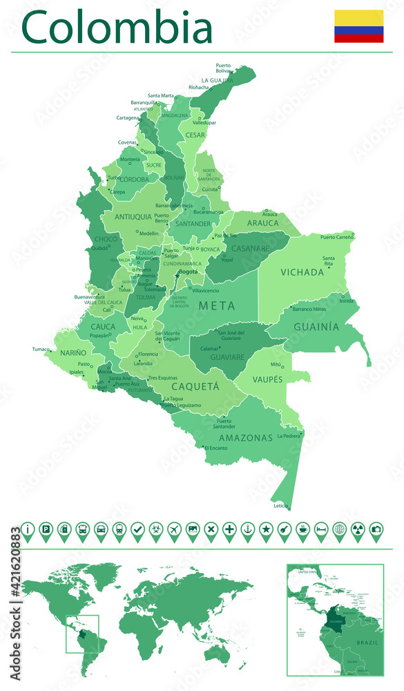 Colombia Detailed Map And Flag Colombia On World Map Stock Vector 1000 F 421620883 EU0dXKPWTelkbt10AgrsSRHdqD6MVVVa