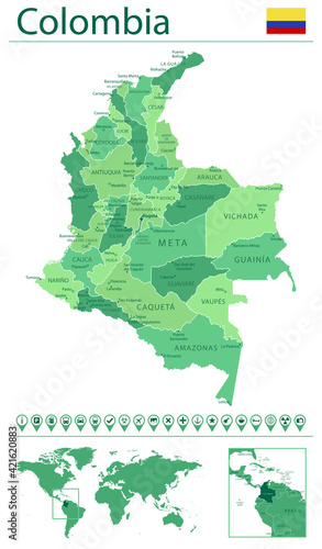 Colombia detailed map and flag. Colombia on world map.
