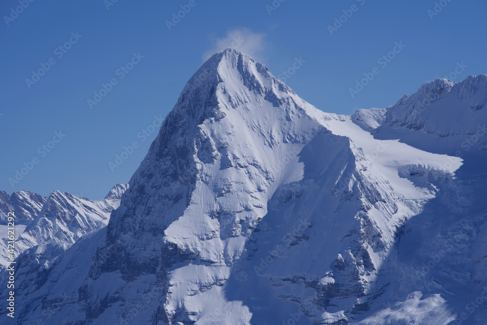 Obraz premium Mountain peak Eiger seen from Mürren, Lauterbrunnen, Switzerland.