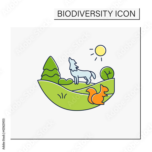 Temperate forest color icon.Forest found between tropical,boreal regions,located in temperate zone. Living place for different animals.Biodiversity concept. Isolated vector illustration