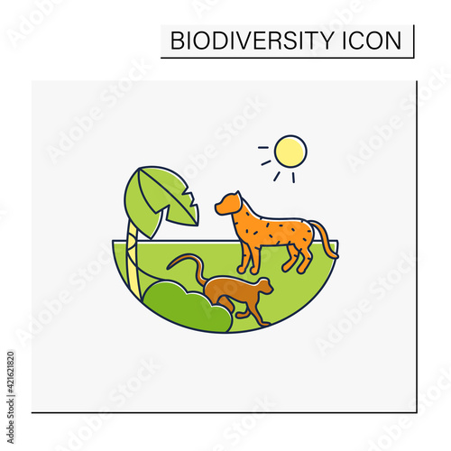 Tropical rainforest color icon.Humid and warm place.Located near the equator.Living place for dangerous animals like jaguar and monkeys.Biodiversity concept.Isolated vector illustration