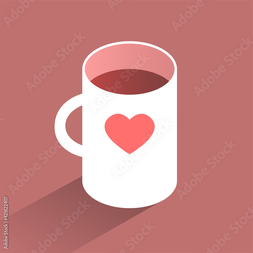 A cup of coffee with a heart is on the table. Hot morning drink. Vector isometric illustration.