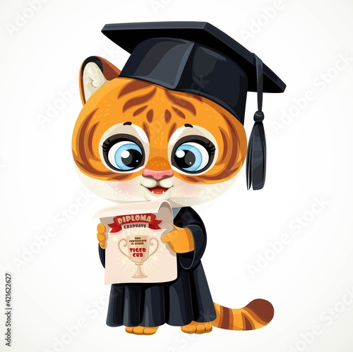 Cute cartoon tiger cub in graduate hat holding a diploma isolated on white background