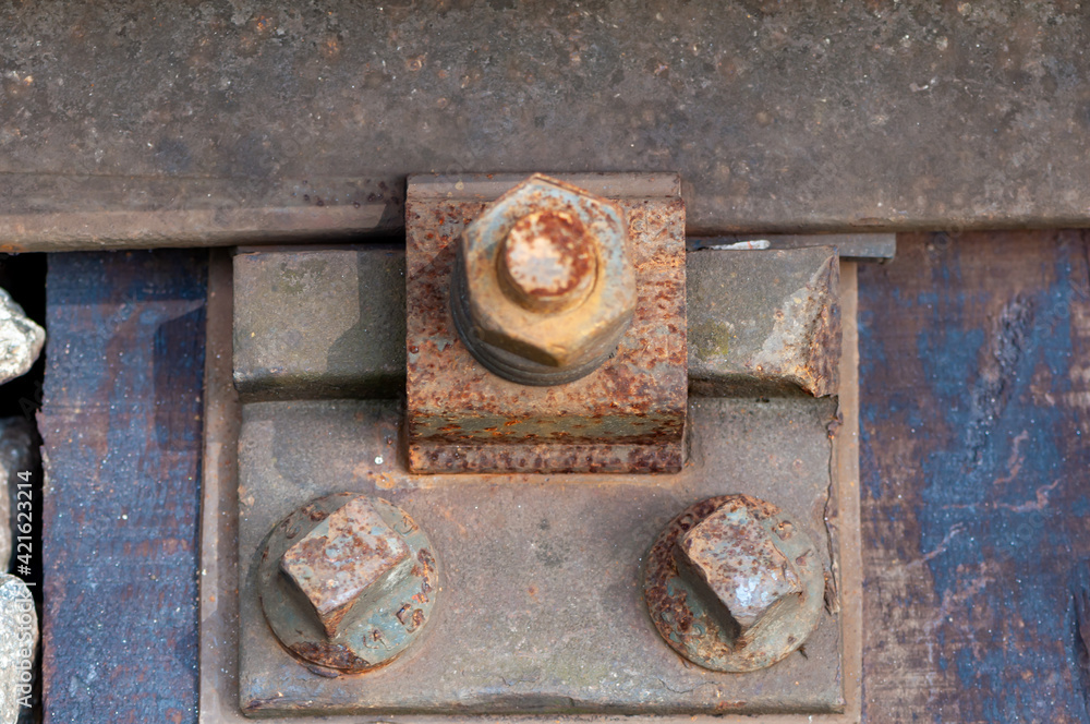 Close-up of old and rusty railroad screws and a nut