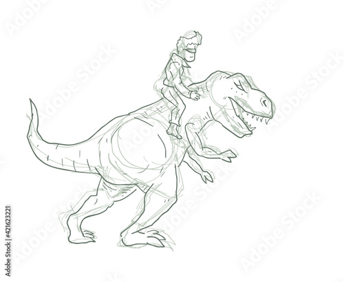 Man with dinosaur walking draw