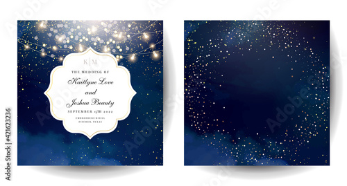 Gold confetti and navy background. Golden scattered dust