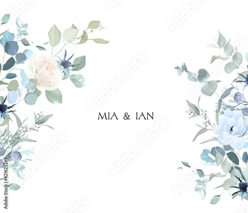 Creamy beige rose, anemone, dusty blue thistles, eucalyptus, greenery, juniper, brunia vector design frame