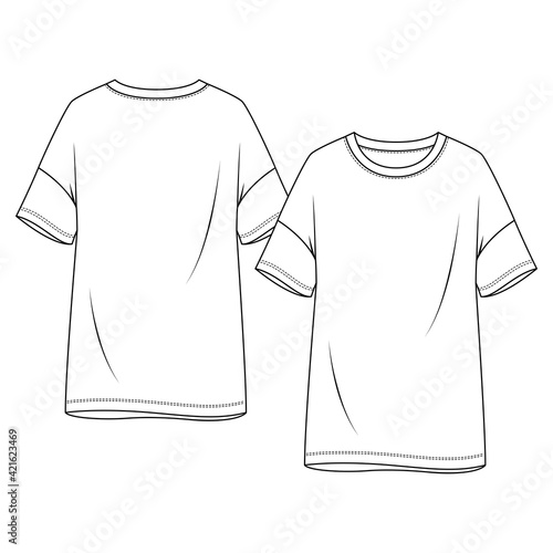 Women Drop Shoulders Tunic Top fashion flat sketch template. Girls Short Sleeves Tee Technical Fashion Illustration