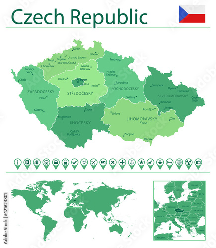 Czech Republic detailed map and flag. Czech Republic on world map.
