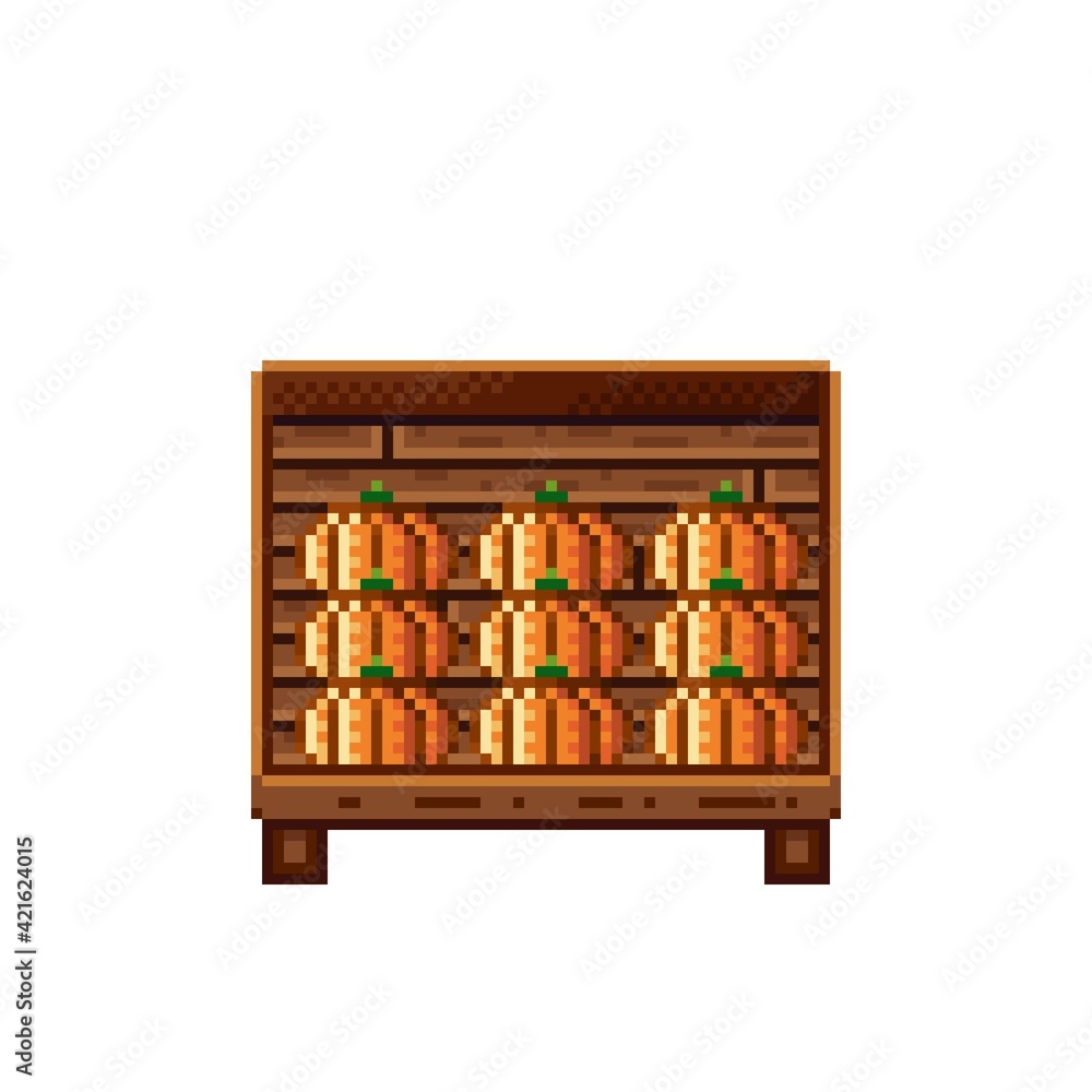 Vegetable shop pixel art. Pumpkin in a wooden crate. Pumpkins, food pixel art icon isolated on white background. Pumpkins stall. Showcase with vegetable waste. Vector illustration. Happy Halloween. Vegetable shop pixel art. Pumpkin in a wooden crate. Pumpkins, food pixel art icon isolated on white background. Pumpkins stall. Showcase with vegetable waste. Vector illustration. Happy Halloween.