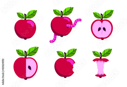 Apples. A set of red  bitten  apple with a worm  half  swing from an apple with a leaf. Vector illustration. Isolated. flat design