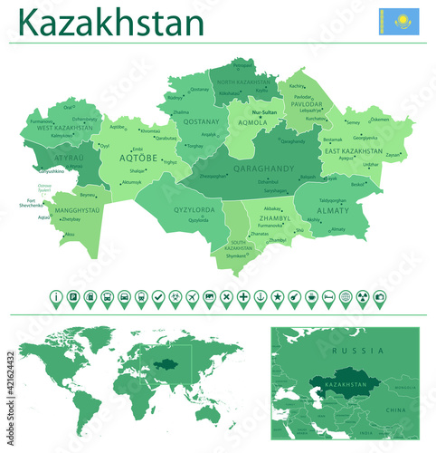 Kazakhstan detailed map and flag. Kazakhstan on world map.
