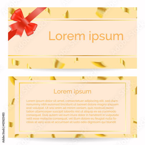 Gift card with red bow and golden serpentine on boarders