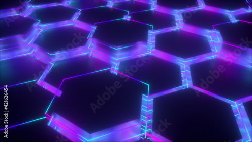 3d rendering of abstract glowing background. Computer generated neon hexagonal