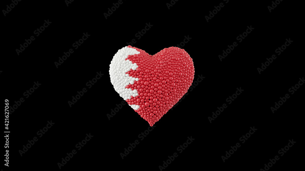 Bahrain National Day. Independence Day. Heart shape made out of shiny spheres on black background. 3D rendering.