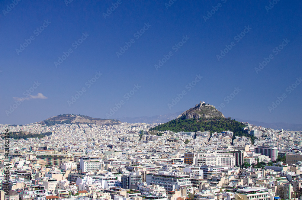 View of mount Lycabettus and cityscape of Athens, Greece
