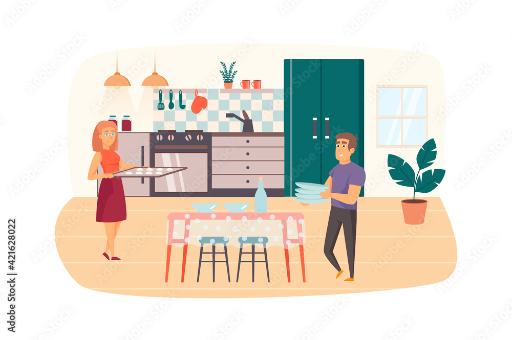 Couple cooking in kitchen scene. Woman holds domestic baking cookies, man holds dishes. Family household, daily routine together concept. Vector illustration of people characters in flat design