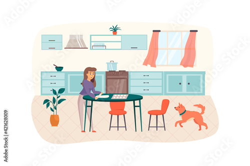 Woman cooking in kitchen scene. Housewife preparing dough for domestic baking cookies rolling pin on table. Household and daily routine concept. Vector illustration of people characters in flat design