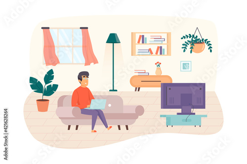 Man freelancer working at laptop, sitting on sofa in living room scene. Freelance, remote work, self employed, comfortable home office concept. Vector illustration of people characters in flat design