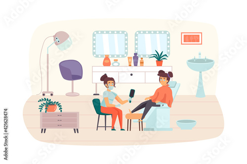 Woman visiting Beauty Salon scene. Female client getting pedicure. Beautician makes caring procedures for feet. Cosmetology, skin care concept. Vector illustration of people characters in flat design